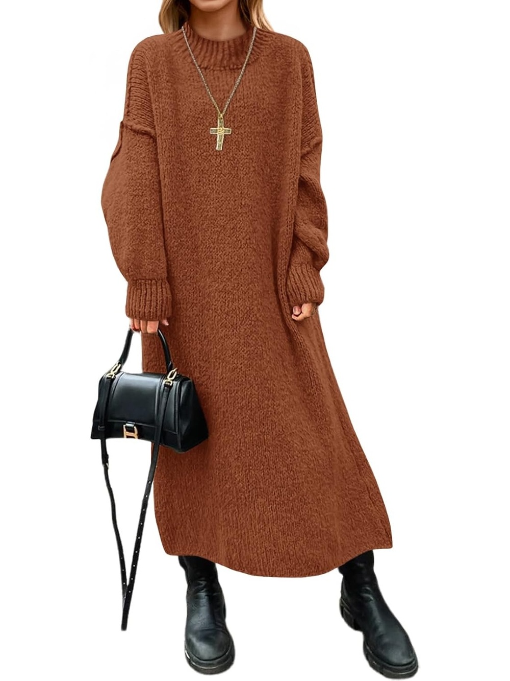 🆕 Women's Brown Oversized Knit Sweater Maxi Dress Mock Neck Fall Winter Top